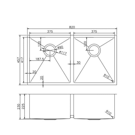 Stainless steel pvd double bowl kitchen sink 820 x 457 x 230 mm copper – view 2