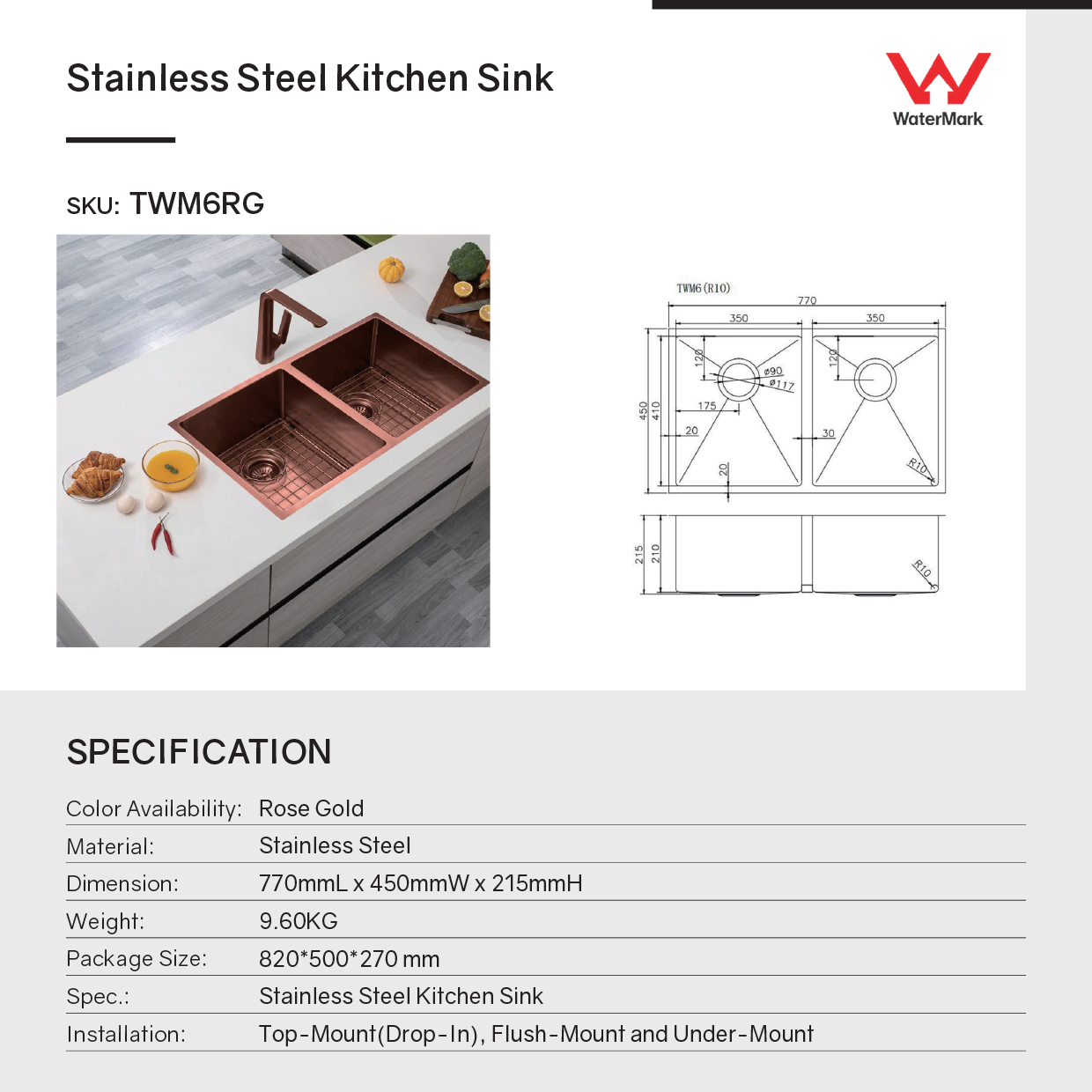 Shop 770mm copper PVD double bowl kitchen sink made from stainless steel. Durable, modern design with grids, ideal for busy kitchens.-Kitchen Sink-Ezymall AU