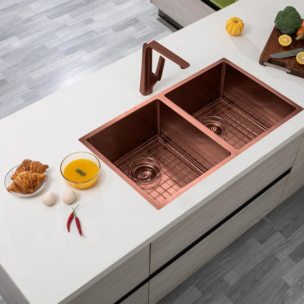 Shop 770mm copper PVD double bowl kitchen sink made from stainless steel. Durable, modern design with grids, ideal for busy kitchens.-Kitchen Sink-Ezymall AU