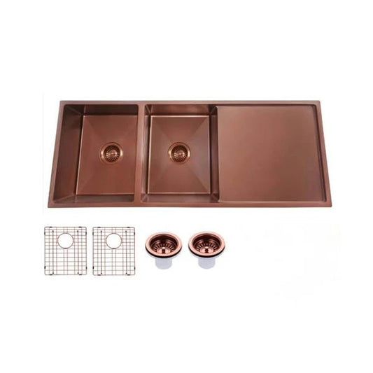 Stainless steel pvd double bowl kitchen sink with drain board with bottom grid 1160460230mm copper