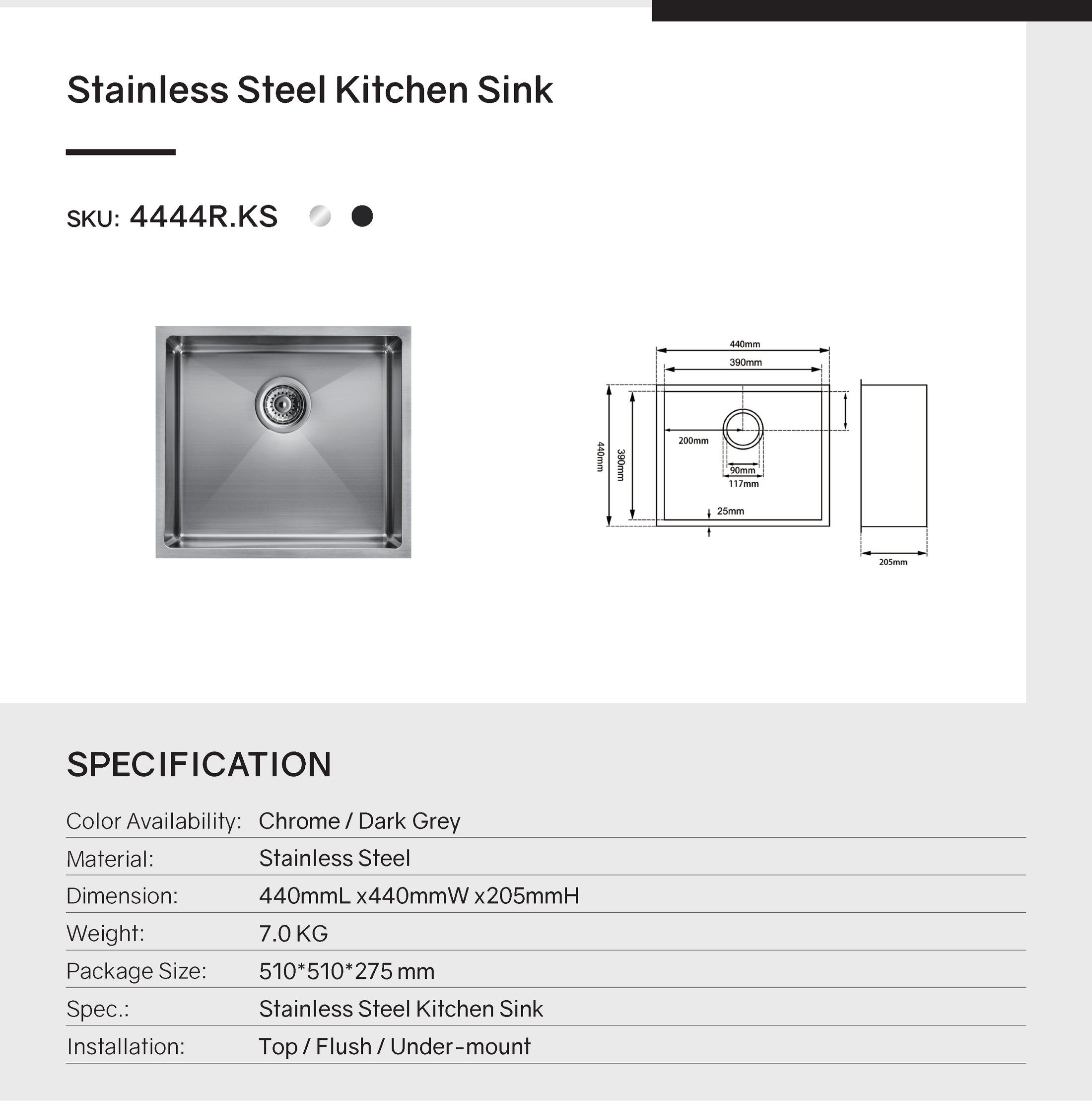Upgrade your kitchen with this stainless steel round corner handmade single bowl kitchen sink (440*440*205mm) in chrome silver. Durable and stylish!-Kitchen Sink-Ezymall AU
