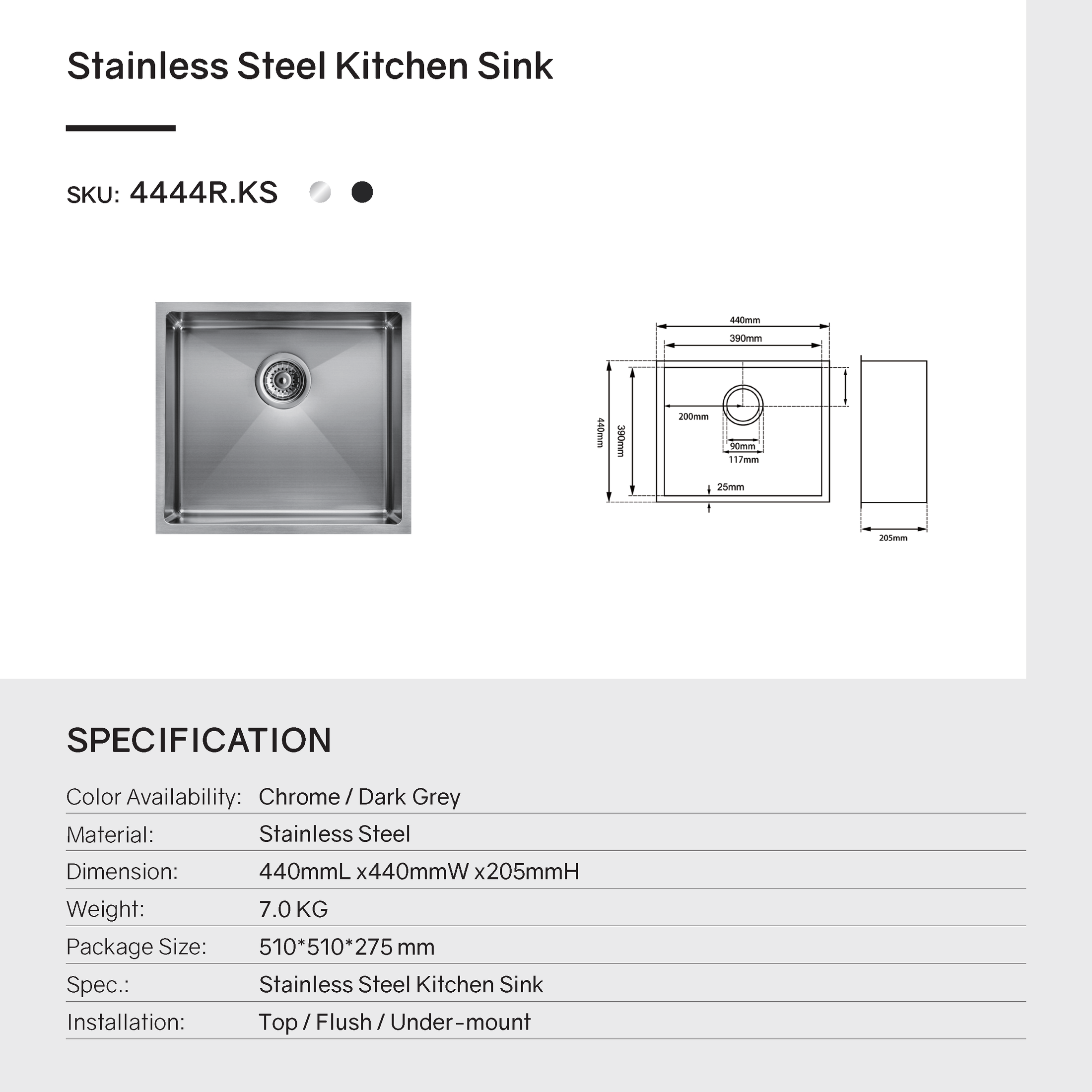 Upgrade your kitchen with this stainless steel round corner handmade single bowl kitchen sink (440*440*205mm) in gunmetal dark grey. Durable and stylish!-Kitchen Sink-Ezymall AU