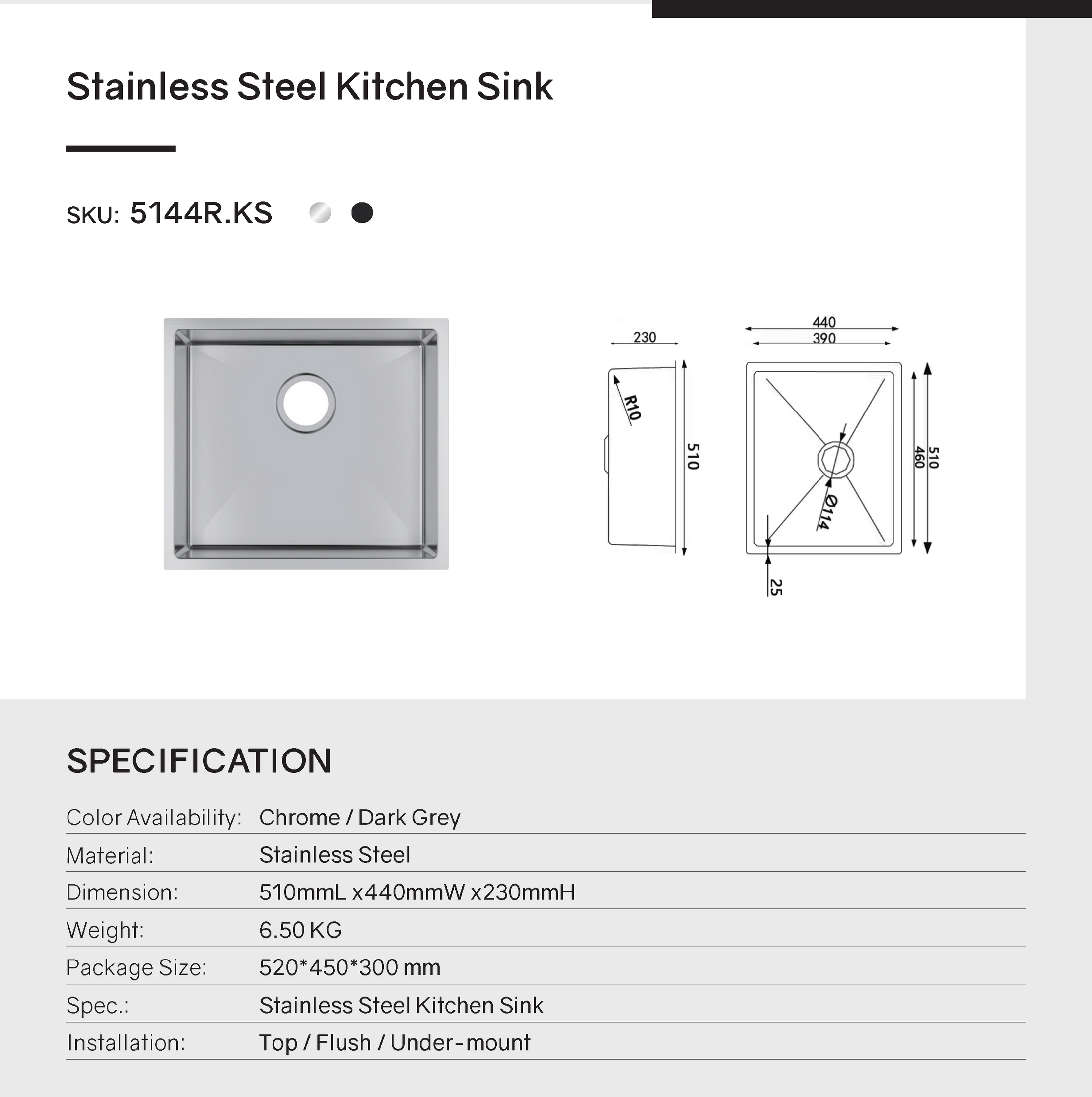 Upgrade your kitchen with our Stainless Steel Round Corner Handmade Single Bowl Kitchen Sink 510*440*230mm in Gunmetal Grey. Shop now at Ezymall Australia!-Kitchen Sink-Ezymall AU