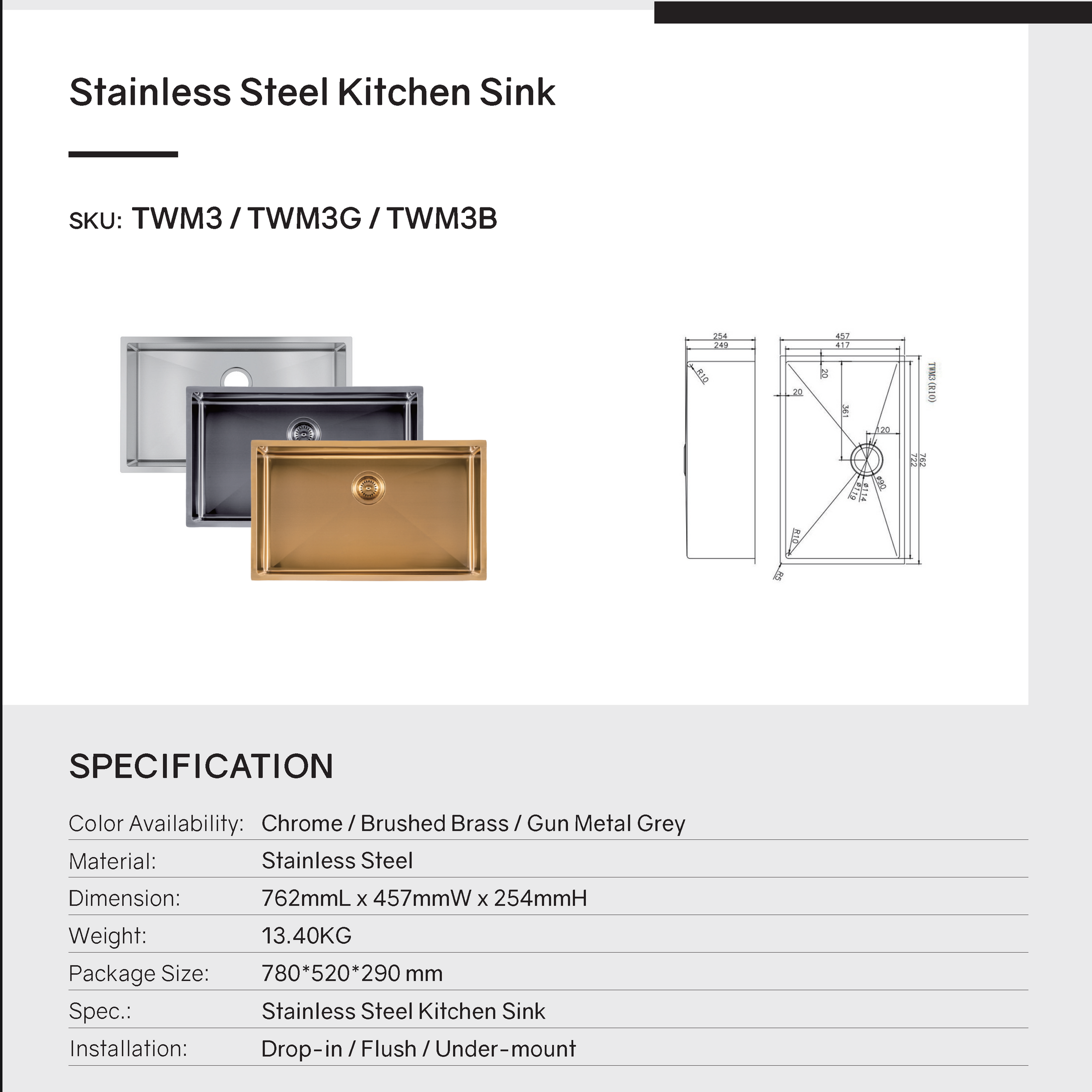 Upgrade your kitchen with this stainless steel round corner handmade single bowl kitchen sink (762*457*254mm) in chrome silver. Durable and stylish!-Kitchen Sink-Ezymall AU