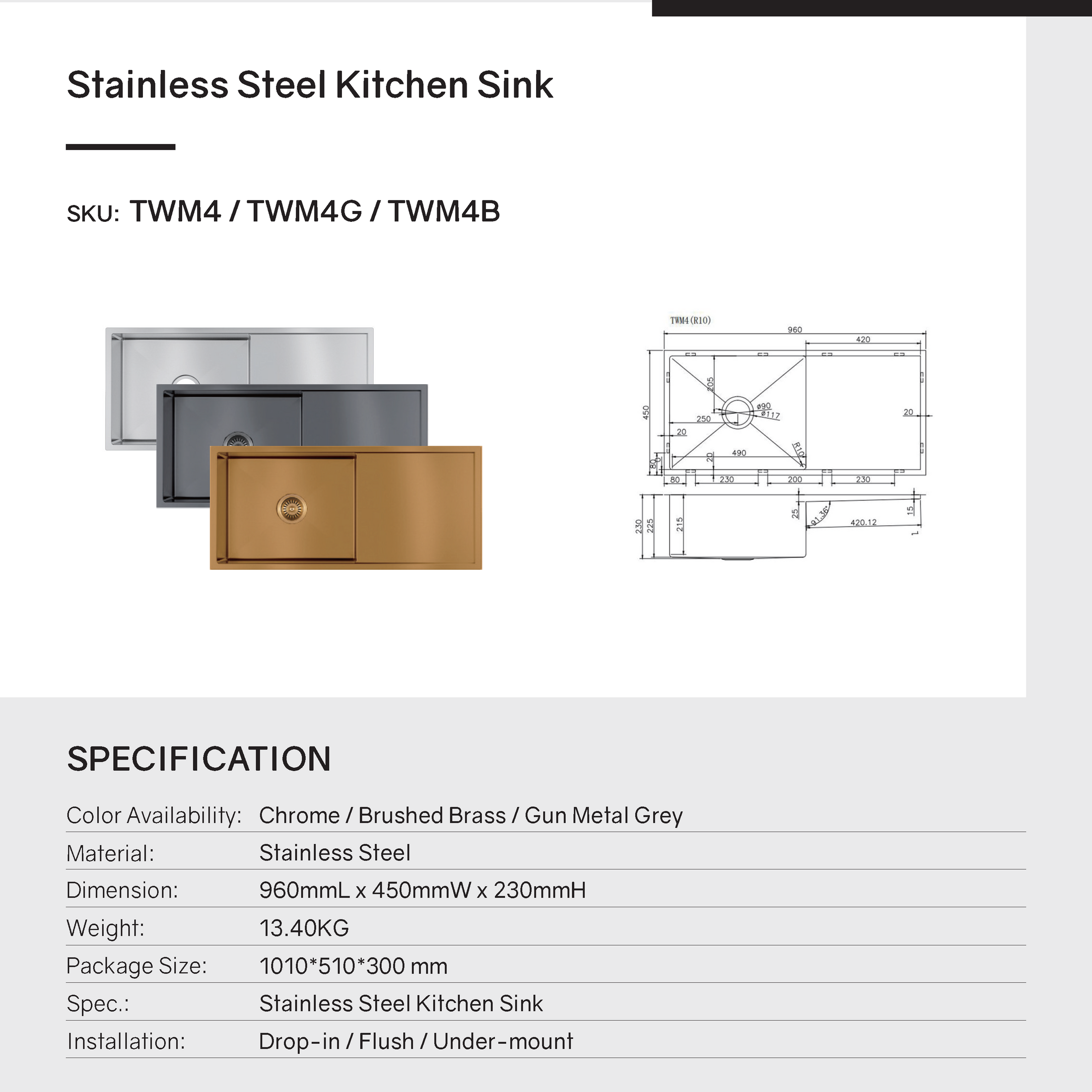 Upgrade your kitchen with this stainless steel round corner handmade single bowl kitchen sink with drain board (960*450*230mm) in chrome silver.-Kitchen Sink-Ezymall AU