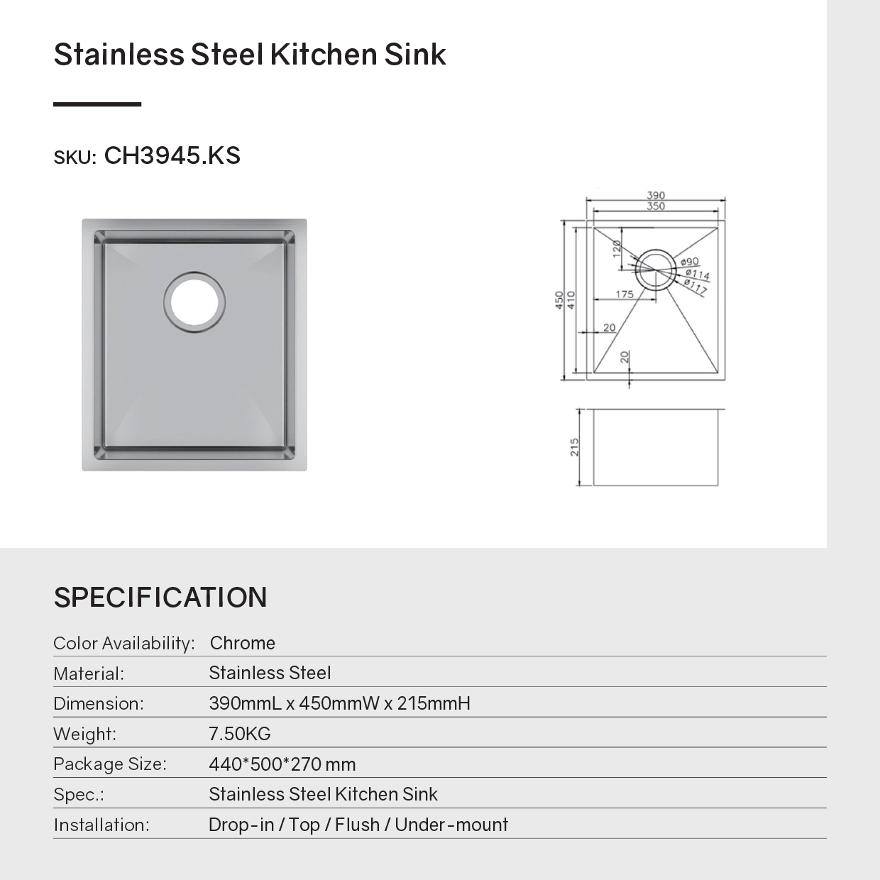 Premium 390x450mm stainless steel single bowl kitchen sink with 304 stainless steel and X-flume drainage. Ideal for compact kitchens and butler's pantries.-Kitchen Sink-Ezymall AU
