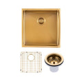 Load image into Gallery viewer, Premium 440x440x205mm brushed brass PVD stainless steel single bowl kitchen sink with matching waste strainer, bottom grid and versatile installation options.-Kitchen Sink-Ezymall AU
