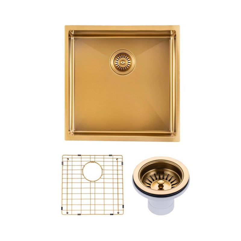 Premium 440x440x205mm brushed brass PVD stainless steel single bowl kitchen sink with matching waste strainer, bottom grid and versatile installation options.-Kitchen Sink-Ezymall AU