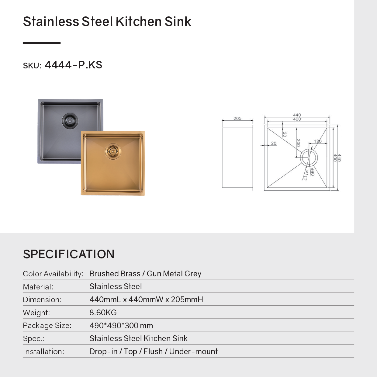 Premium 440x440x205mm brushed brass PVD stainless steel single bowl kitchen sink with matching waste strainer, bottom grid and versatile installation options.-Kitchen Sink-Ezymall AU