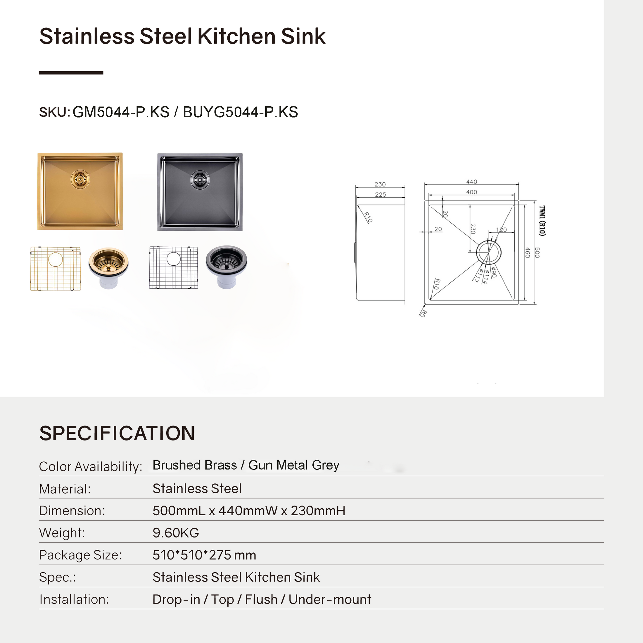 Premium 500x440mm gunmetal PVD stainless steel kitchen sink with 304 stainless steel construction, matching waste strainer and bottom grid.-Kitchen Sink-Ezymall AU