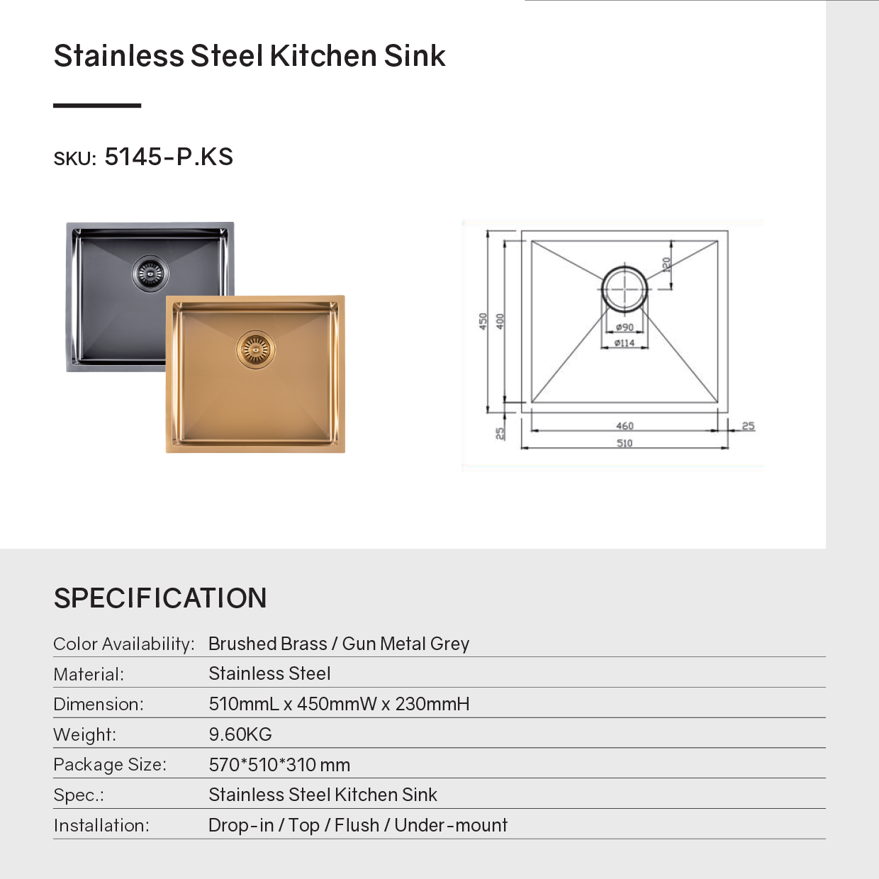 Premium 510mm gunmetal PVD stainless steel single bowl kitchen sink with matching waste strainer, protective bottom grid and versatile installation options.-Kitchen Sink-Ezymall AU