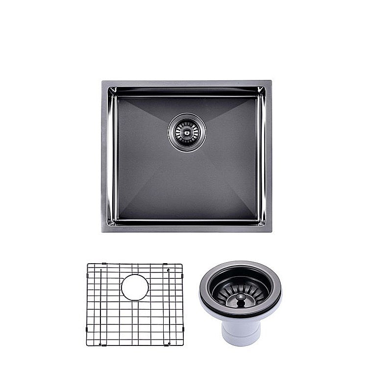 Premium 510mm gunmetal PVD stainless steel single bowl kitchen sink with matching waste strainer, protective bottom grid and versatile installation options.-Kitchen Sink-Ezymall AU