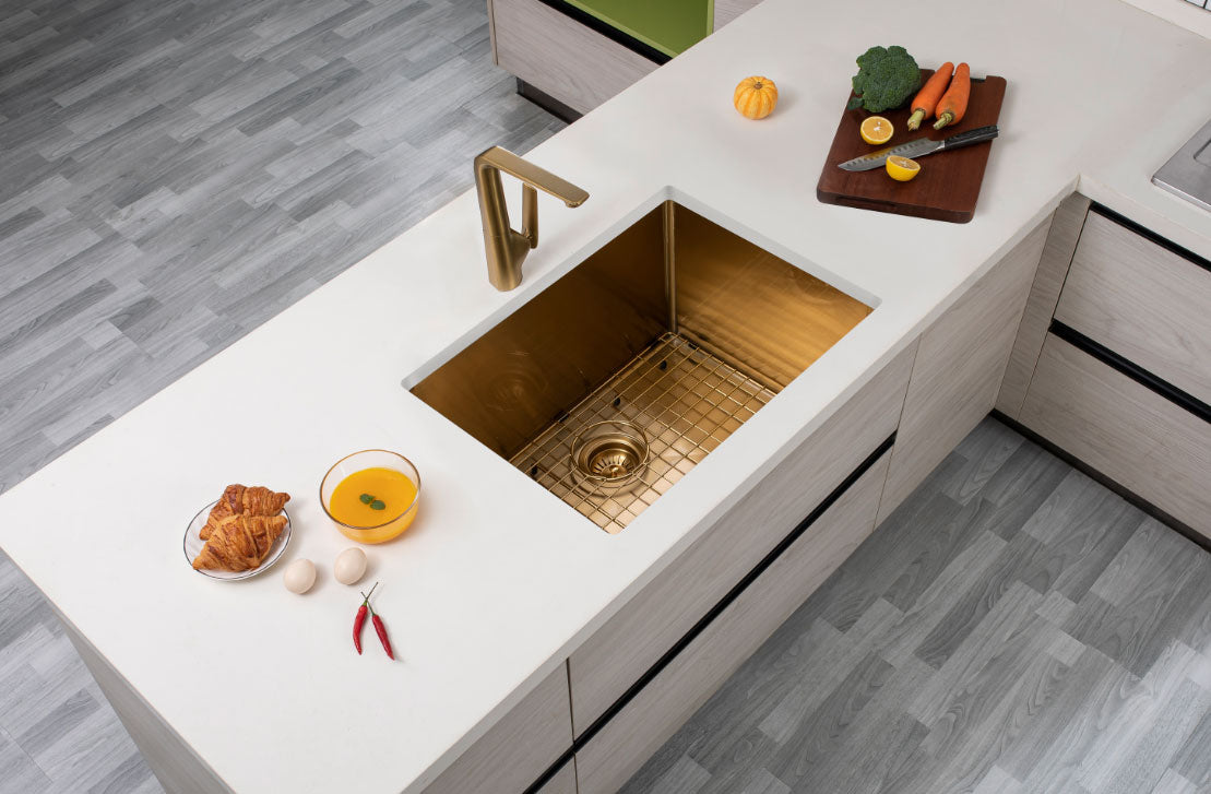 Premium 600x450mm brushed brass PVD stainless steel kitchen sink with an extra-deep 300mm bowl, matching waste strainer and bottom grid.-Kitchen Sink-Ezymall AU
