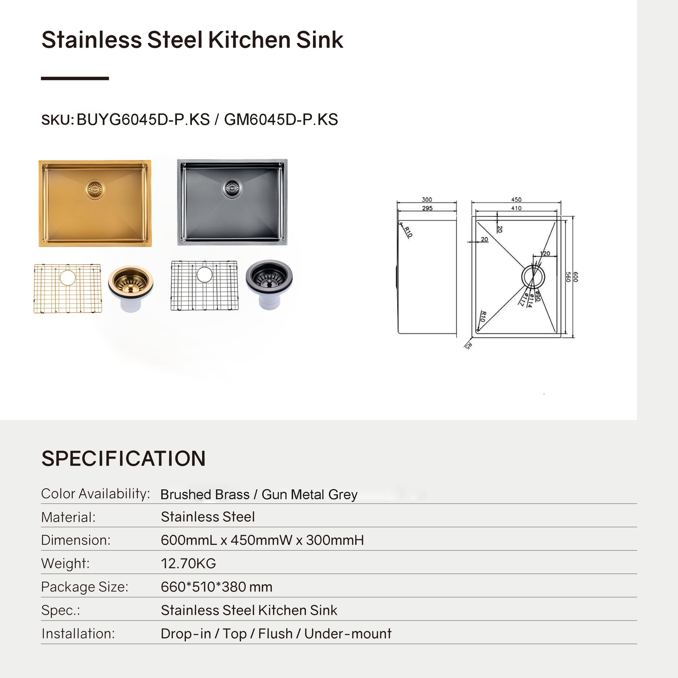 Premium 600x450mm gunmetal PVD stainless steel kitchen sink with an extra-deep 300mm bowl, matching waste strainer and bottom grid.-Kitchen Sink-Ezymall AU