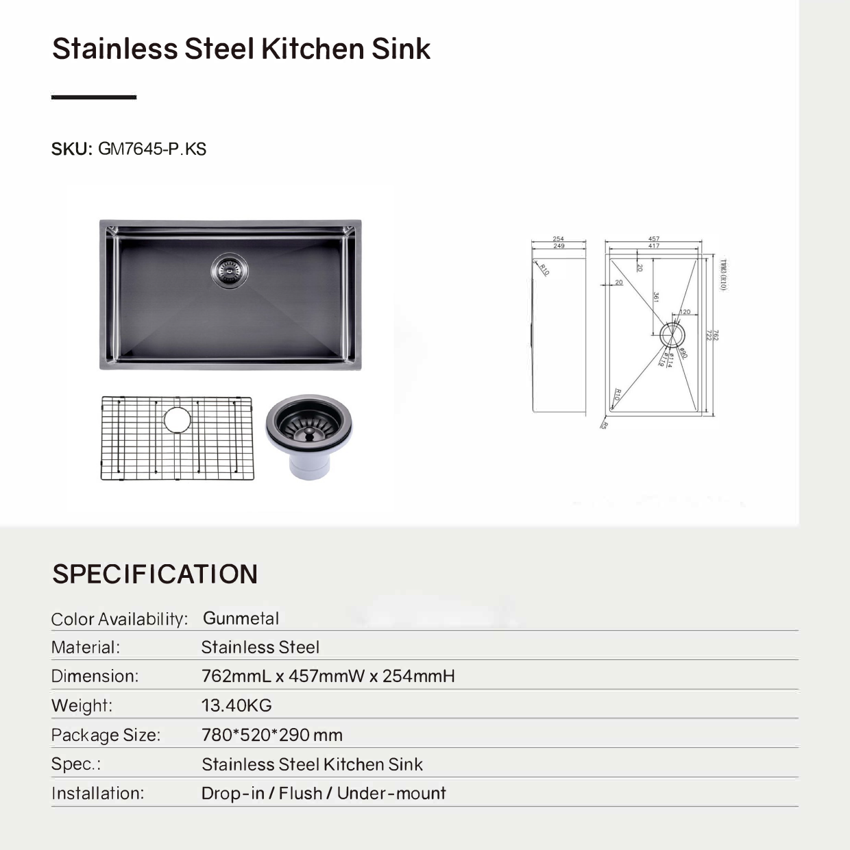Premium 762x457mm gunmetal PVD stainless steel kitchen sink with a deep 254mm bowl, matching basket waste, bottom grid and versatile installation options.-Kitchen Sink-Ezymall AU