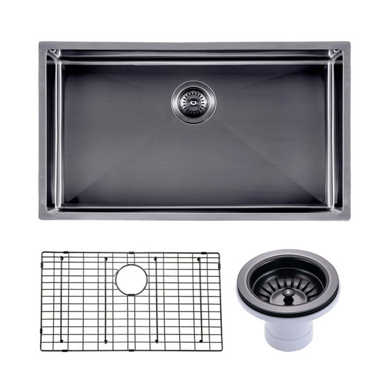 Premium 762x457mm gunmetal PVD stainless steel kitchen sink with a deep 254mm bowl, matching basket waste, bottom grid and versatile installation options.-Kitchen Sink-Ezymall AU