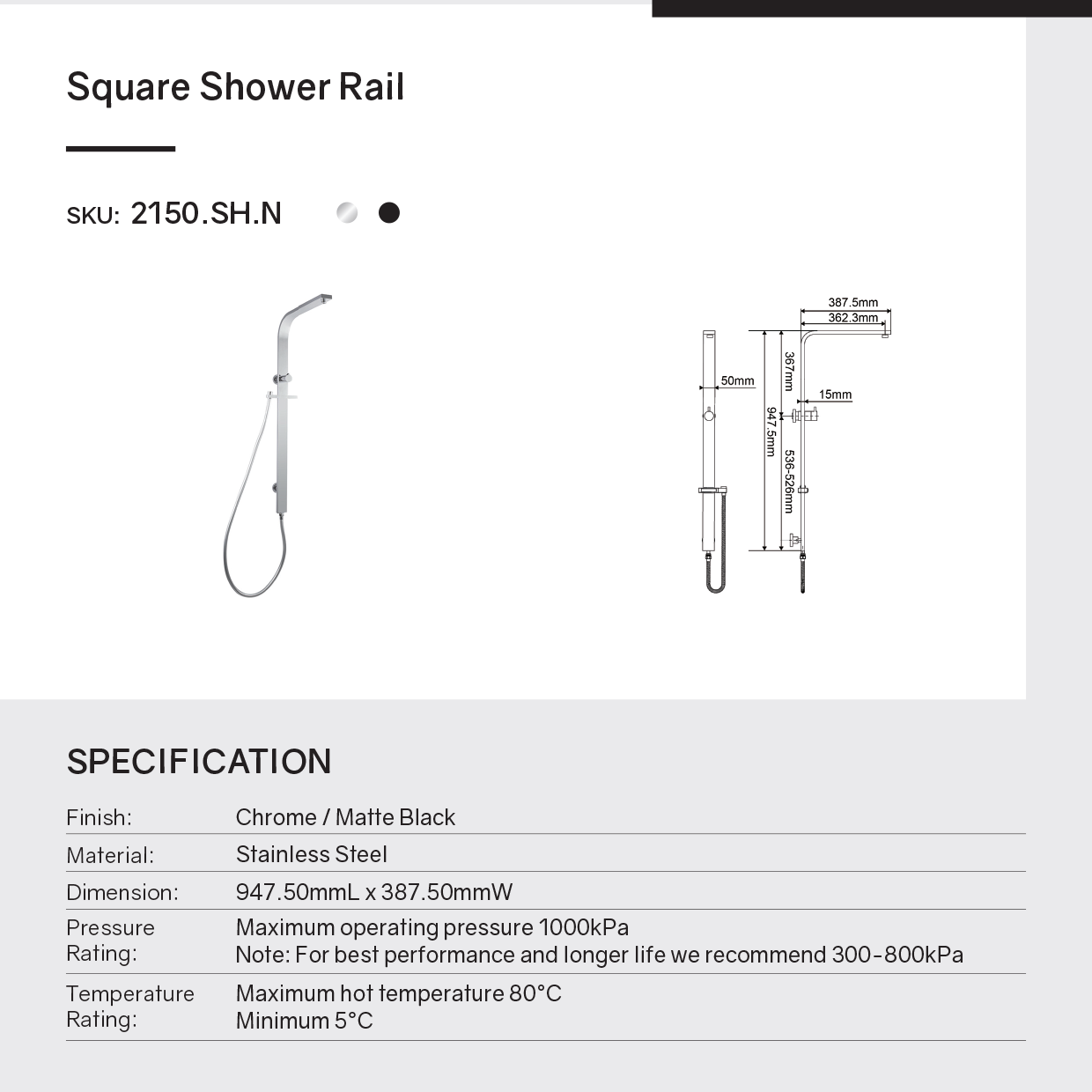 Get the Fixed Shower Rail Flat in Chrome Silver. Made with Stainless Steel & Solid Brass. Shop now at Ezymall for quality bathroom fixtures!-Shower Rail-Ezymall AU