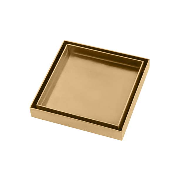 Enhance your bathroom with this brushed brass gold stainless steel tile insert drain. Measuring 120x120mm, it offers a sleek, modern look and efficient drainage. Perfect for any contemporary space.-Floor Waste-Ezymall AU