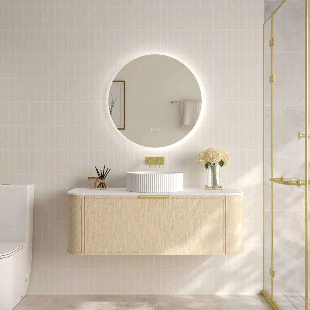 Upgrade your bathroom with the Elva 1190mm Wall Hung Vanity. Natural Oak finish, rounded edges and premium top options available.-Vanity-Brushed Brass Gold-Cabinet Only-Ezymall AU