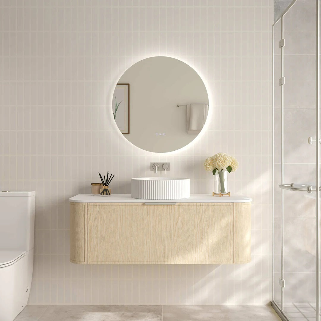 Upgrade your bathroom with the Elva 1190mm Wall Hung Vanity. Natural Oak finish, rounded edges and premium top options available.-Vanity-Brushed Nickel Silver-Cabinet Only-Ezymall AU