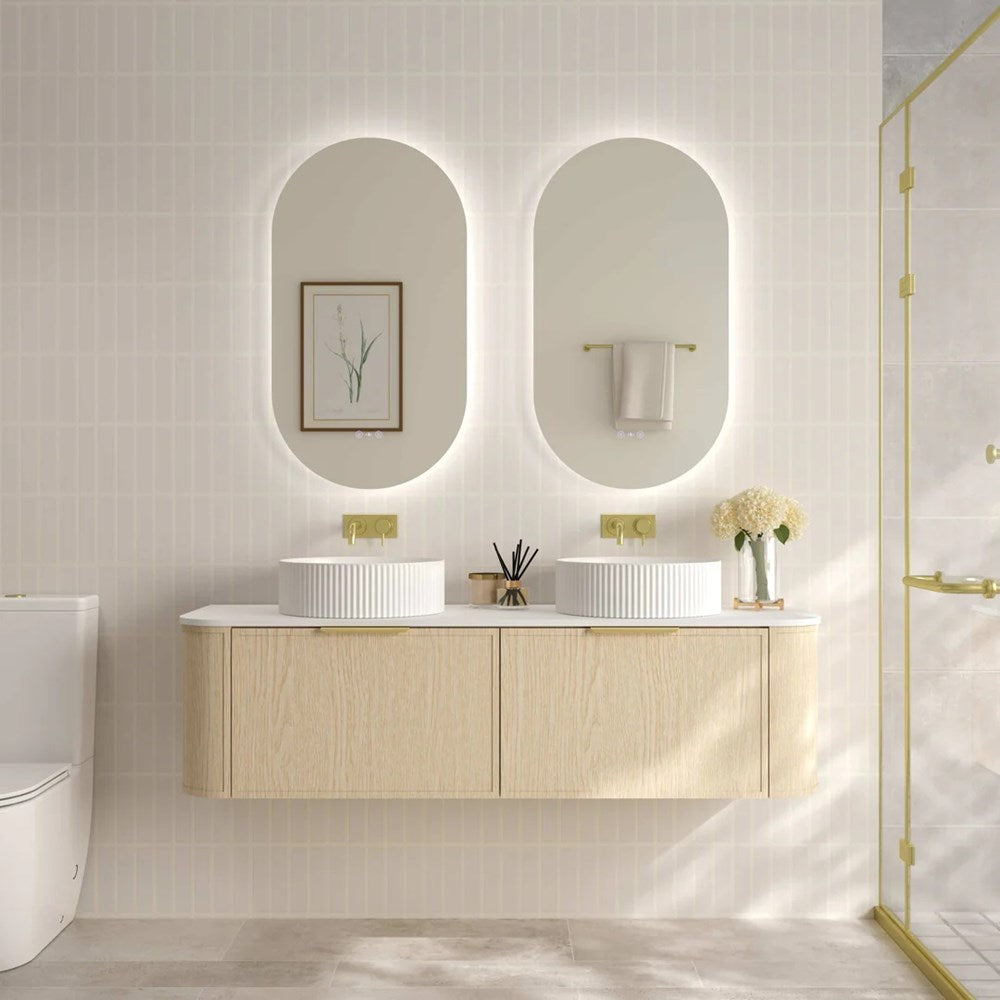 Upgrade your bathroom with the Elva 1490mm Wall Hung Vanity. Natural Oak finish, rounded edges and premium top options available.-Vanity-Brushed Brass Gold-Cabinet Only-Ezymall AU