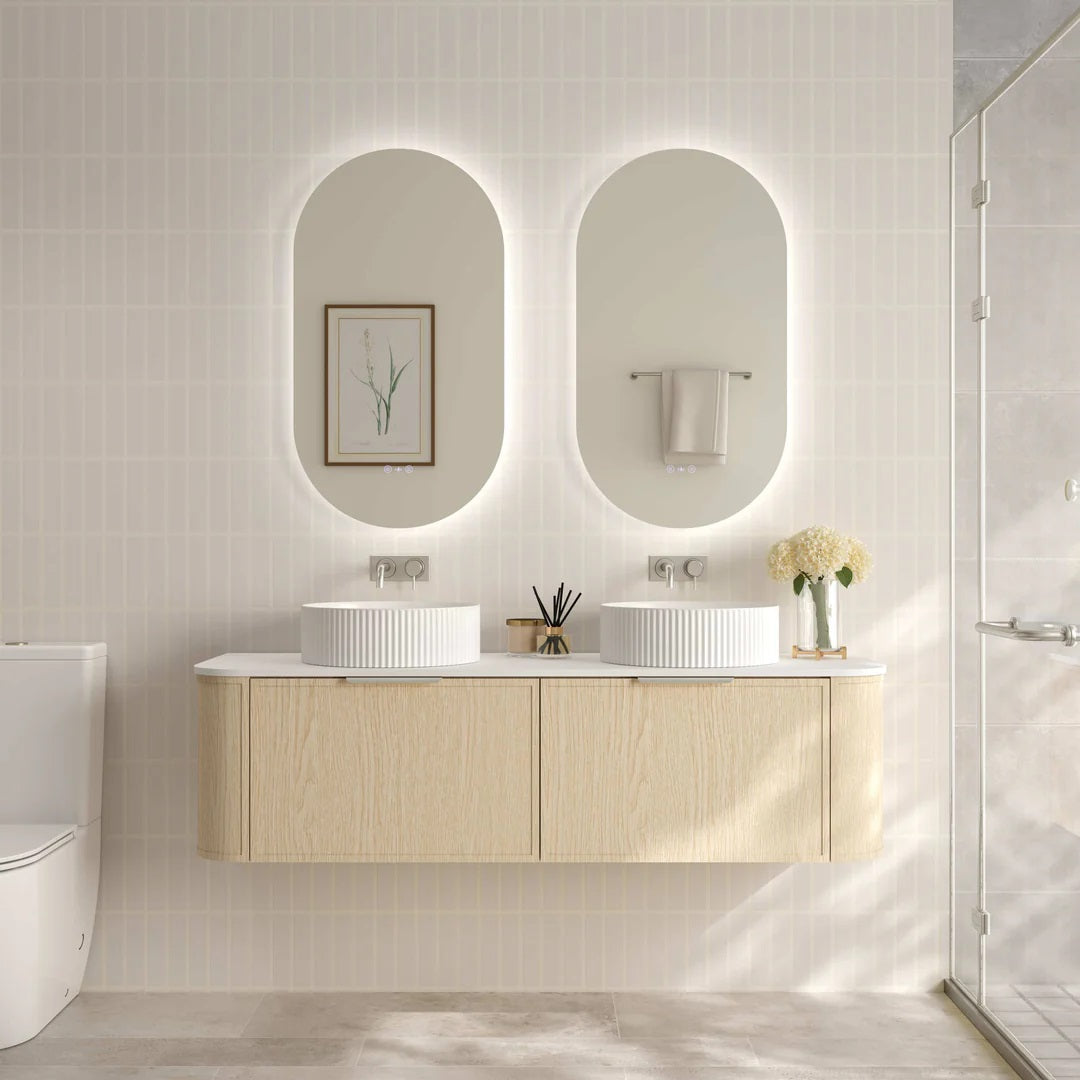 Upgrade your bathroom with the Elva 1490mm Wall Hung Vanity. Natural Oak finish, rounded edges and premium top options available.-Vanity-Brushed Nickel Silver-Cabinet Only-Ezymall AU
