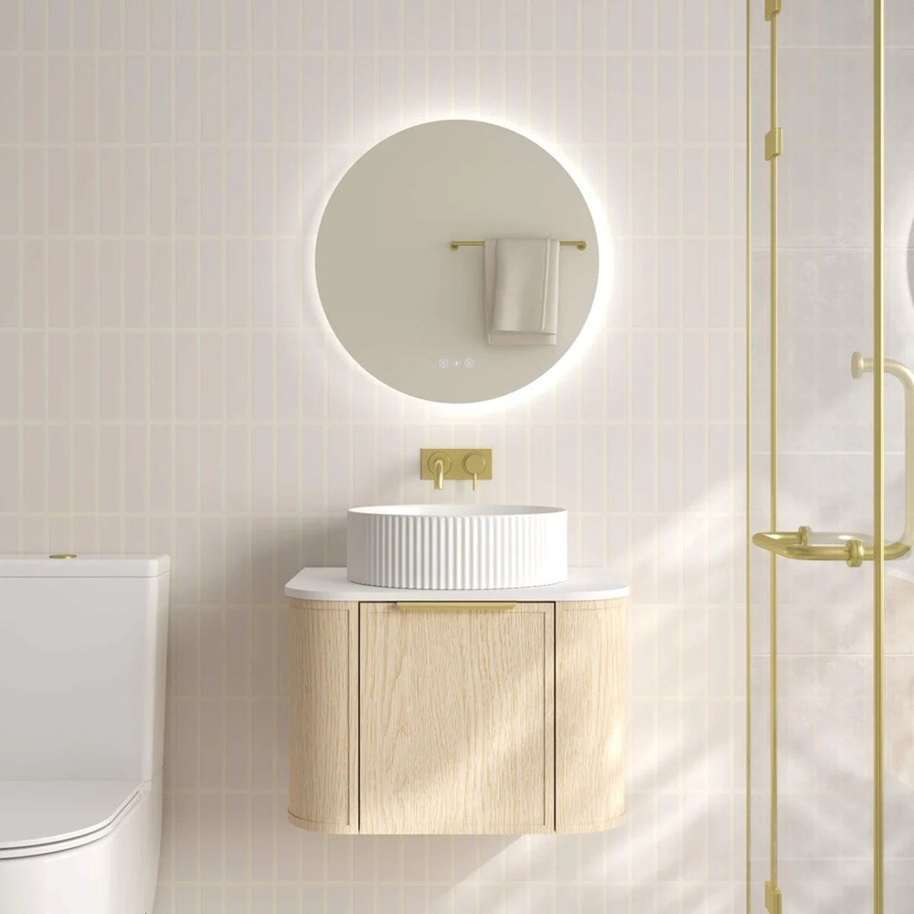 Upgrade your bathroom with the Elva 590mm Wall Hung Vanity. Natural Oak finish, rounded edges and premium handle options available.-Vanity-Brushed Brass Gold-Cabinet Only-Ezymall AU