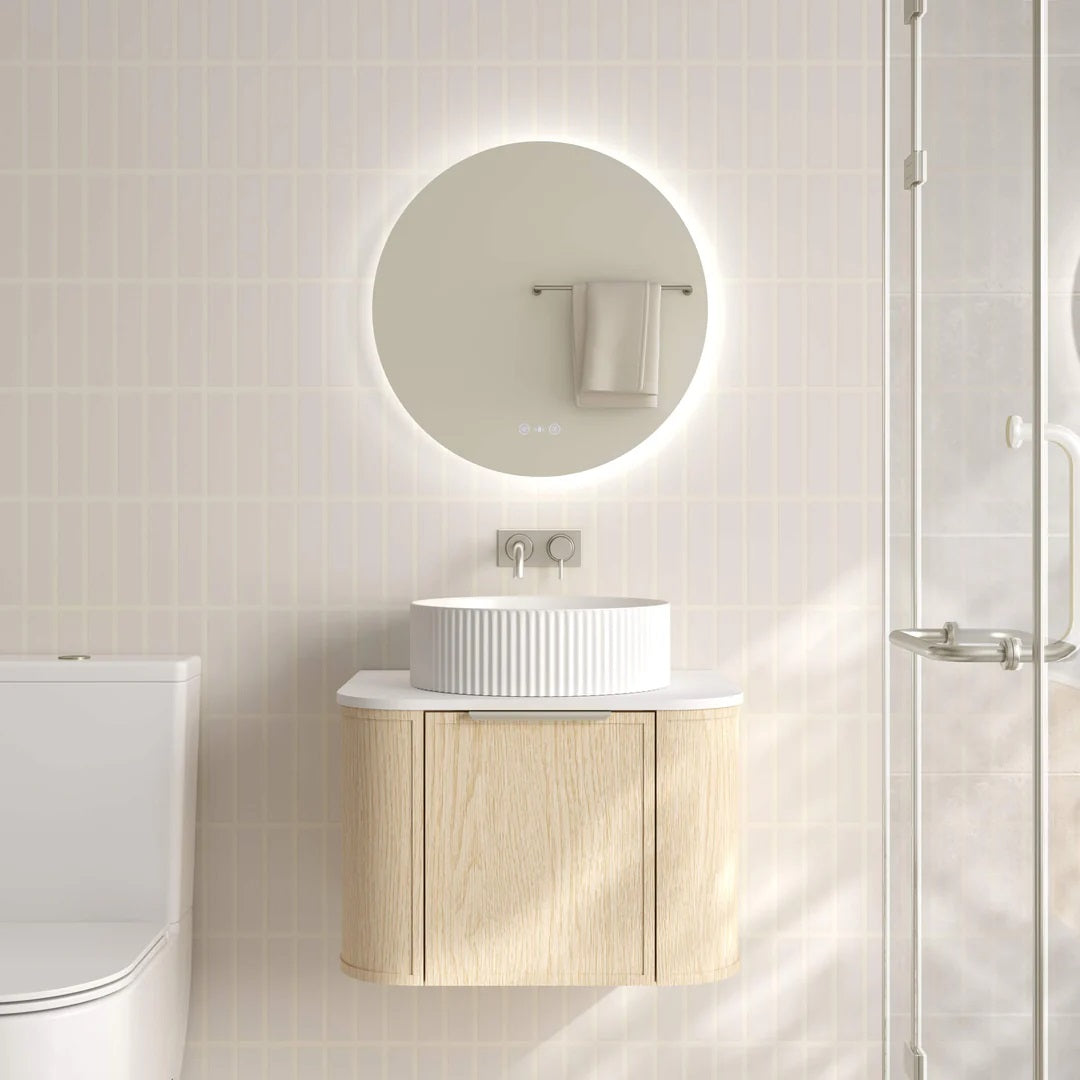 Upgrade your bathroom with the Elva 590mm Wall Hung Vanity. Natural Oak finish, rounded edges and premium handle options available.-Vanity-Brushed Nickel Silver-Cabinet Only-Ezymall AU