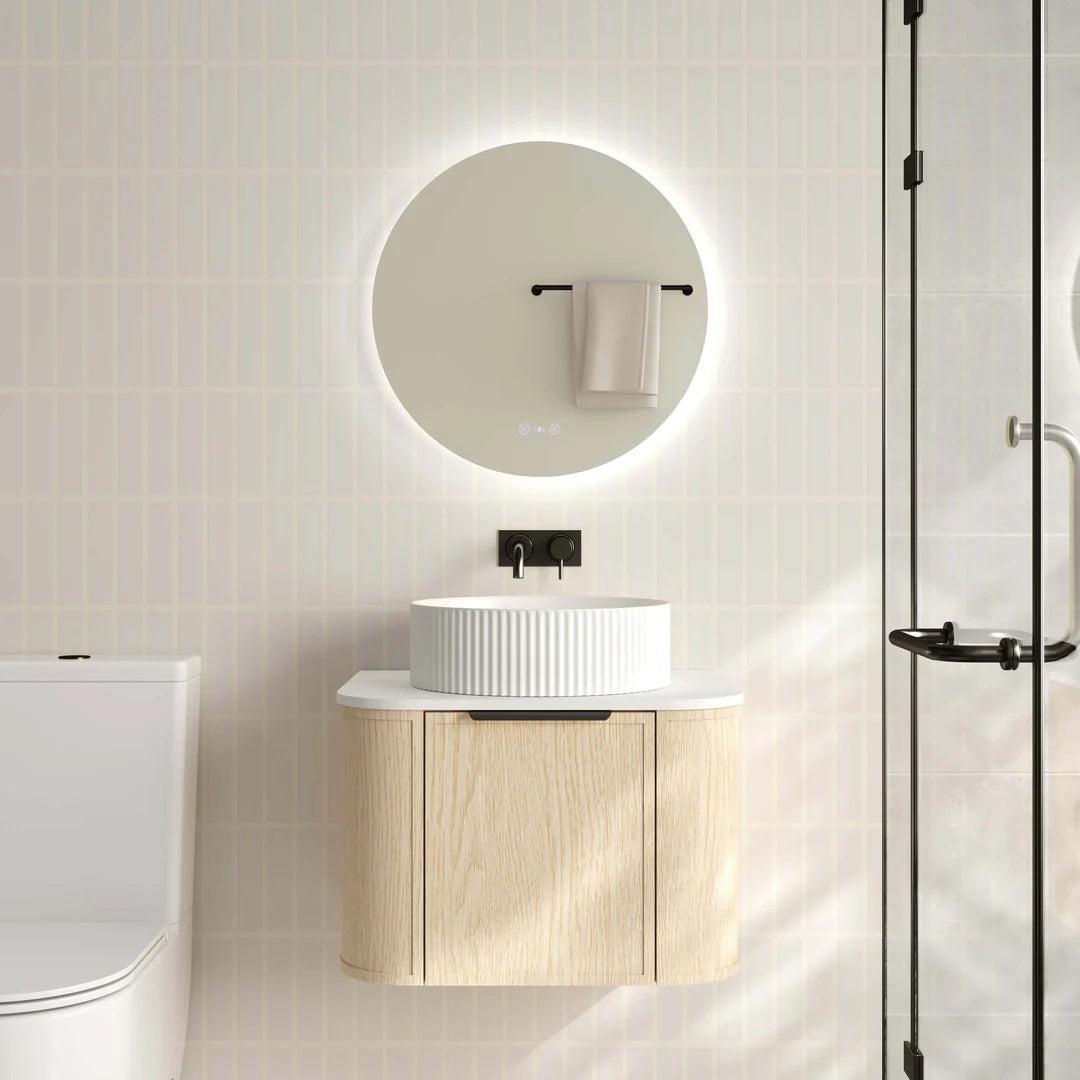 Upgrade your bathroom with the Elva 590mm Wall Hung Vanity. Natural Oak finish, rounded edges and premium handle options available.-Vanity-Matte Black-Cabinet Only-Ezymall AU