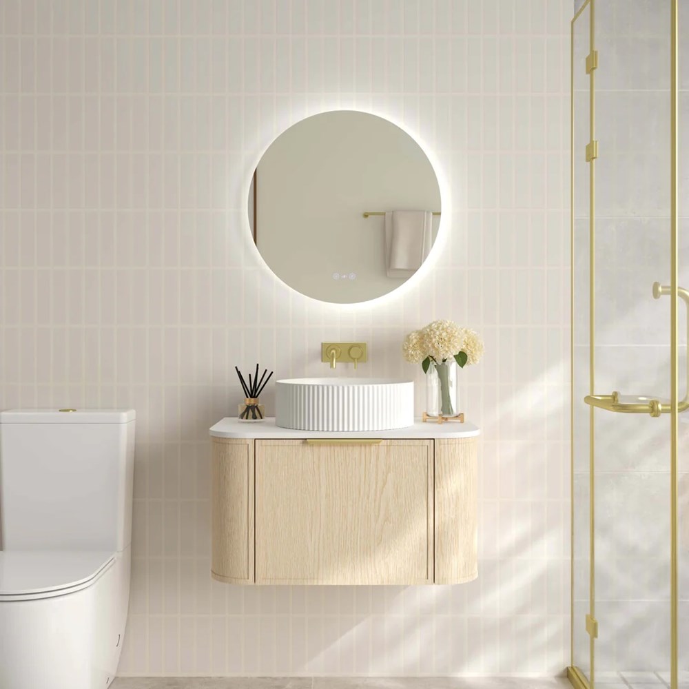 Upgrade your bathroom with the Elva 740mm Wall Hung Vanity. Natural Oak finish, rounded edges and premium top options available.-Vanity-Brushed Brass Gold-Cabinet Only-Ezymall AU