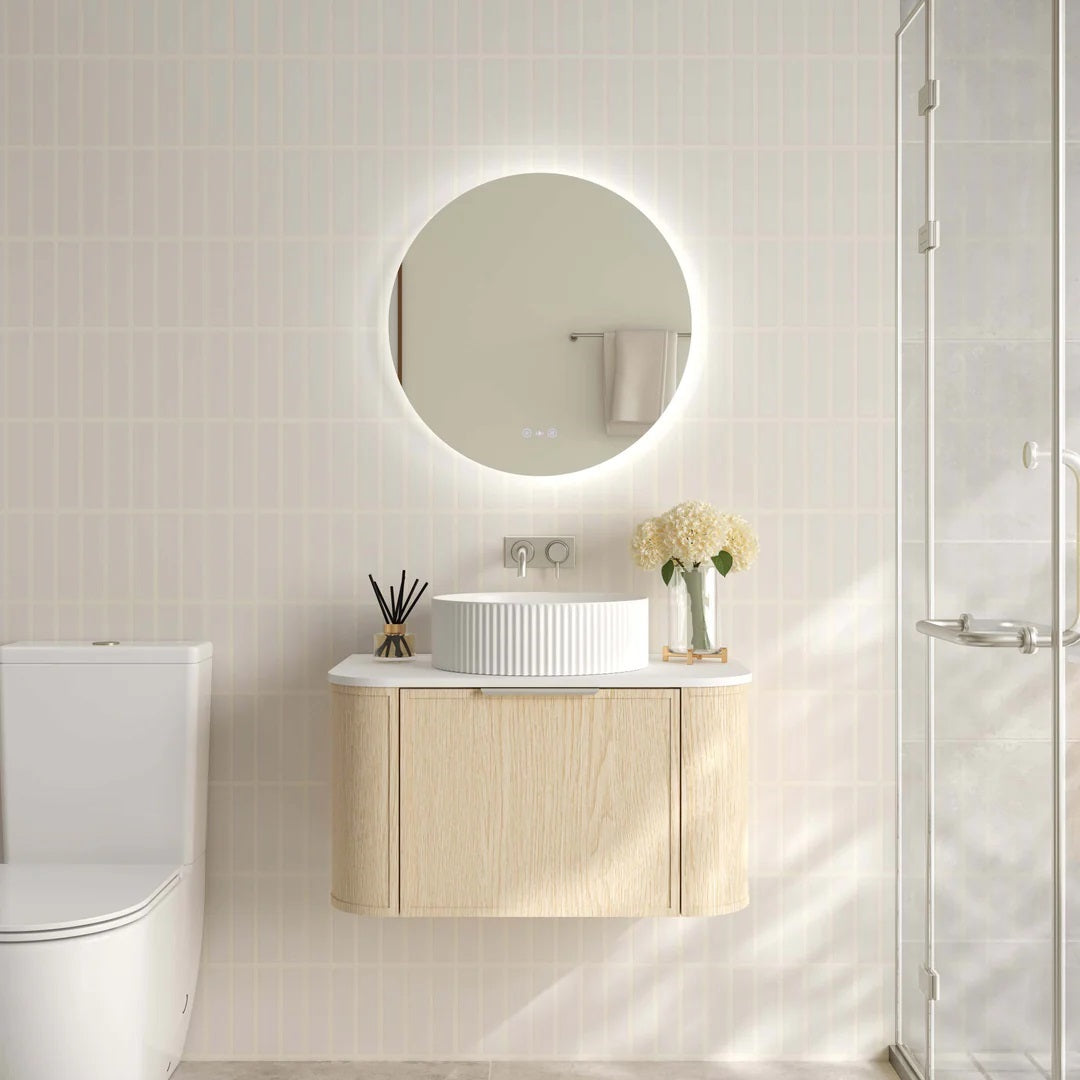 Upgrade your bathroom with the Elva 740mm Wall Hung Vanity. Natural Oak finish, rounded edges and premium top options available.-Vanity-Brushed Nickel Silver-Cabinet Only-Ezymall AU
