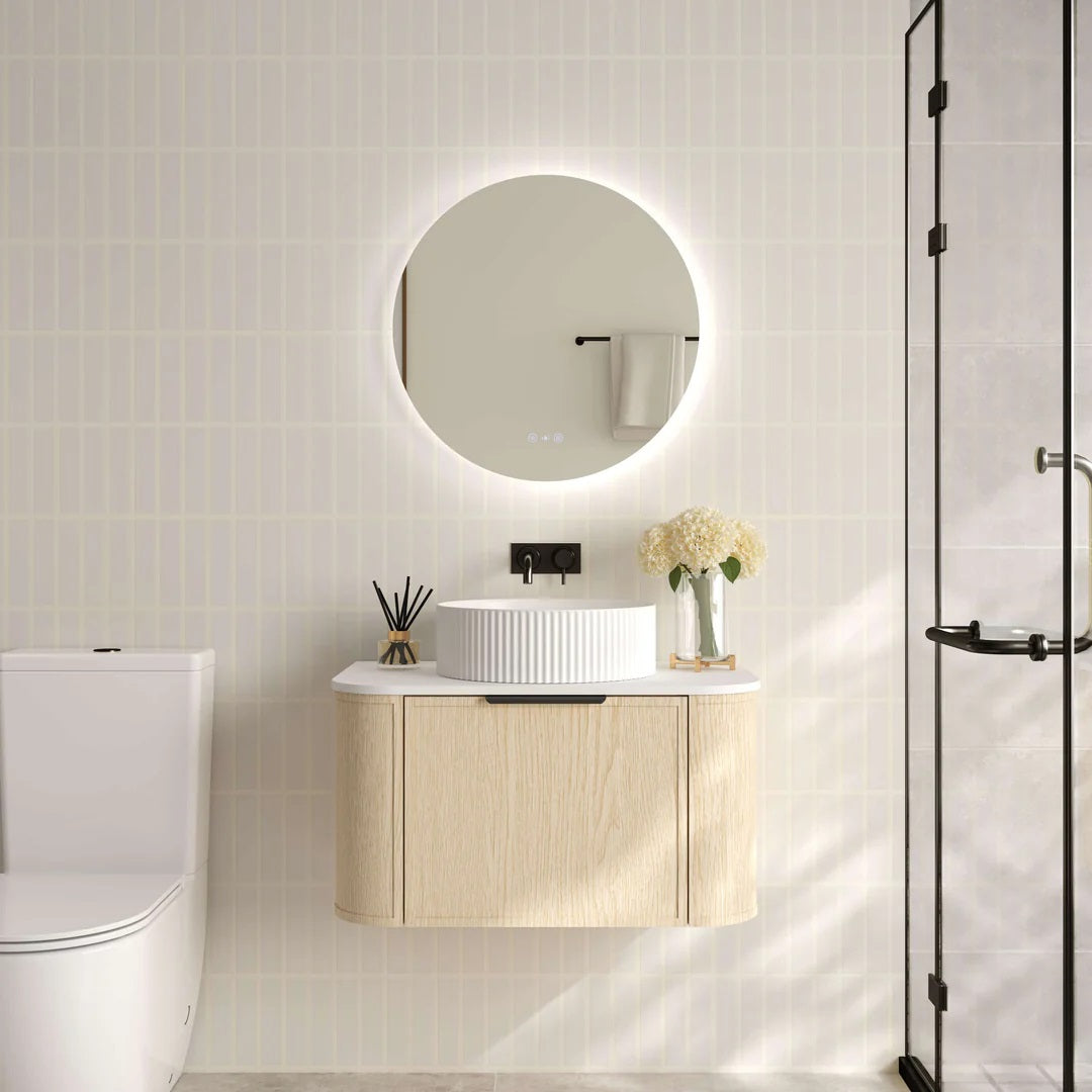 Upgrade your bathroom with the Elva 740mm Wall Hung Vanity. Natural Oak finish, rounded edges and premium top options available.-Vanity-Matte Black-Cabinet Only-Ezymall AU