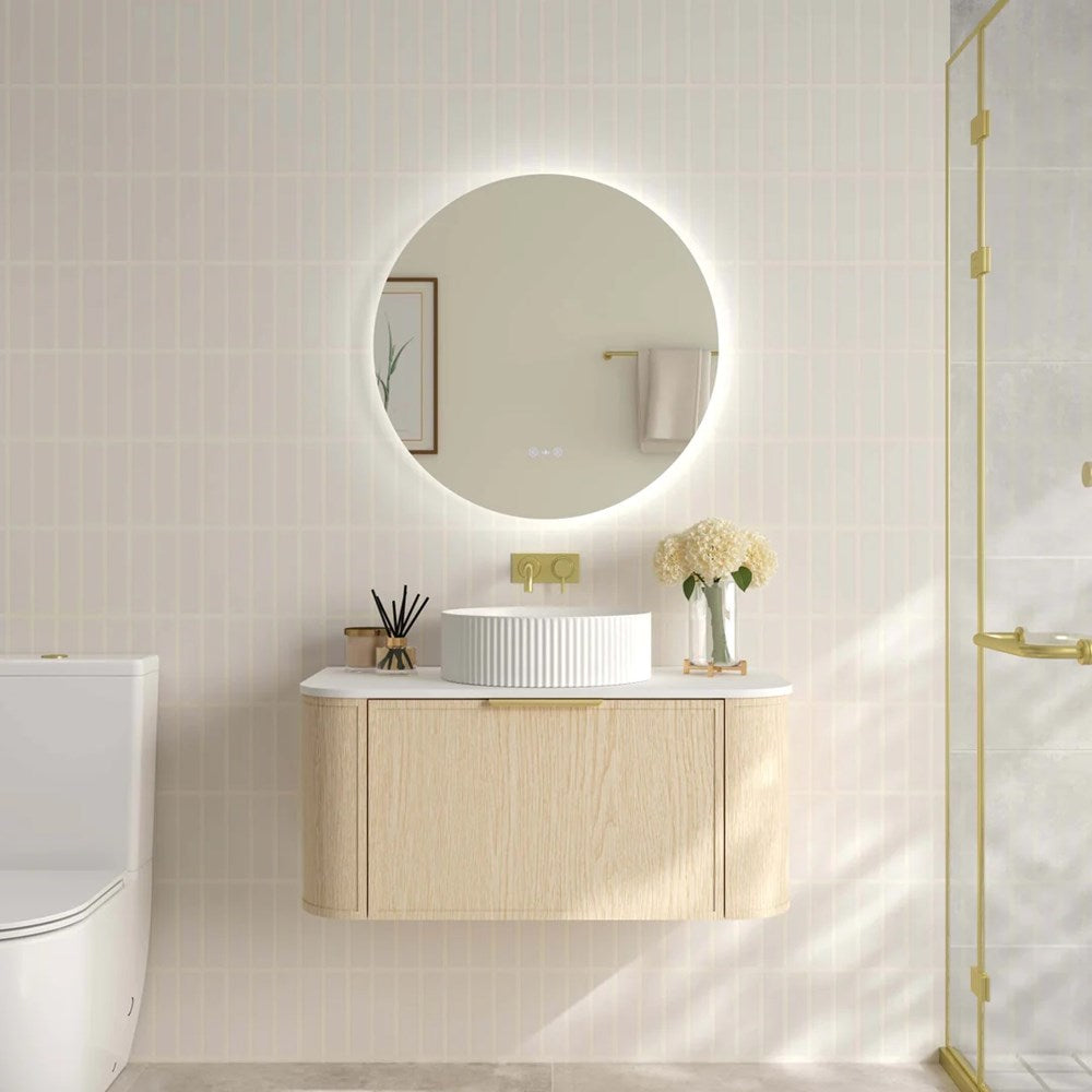 Upgrade your bathroom with the Elva 890mm Wall Hung Vanity. Natural Oak finish, rounded edges and premium top options available.-Vanity-Brushed Brass Gold-Cabinet Only-Ezymall AU