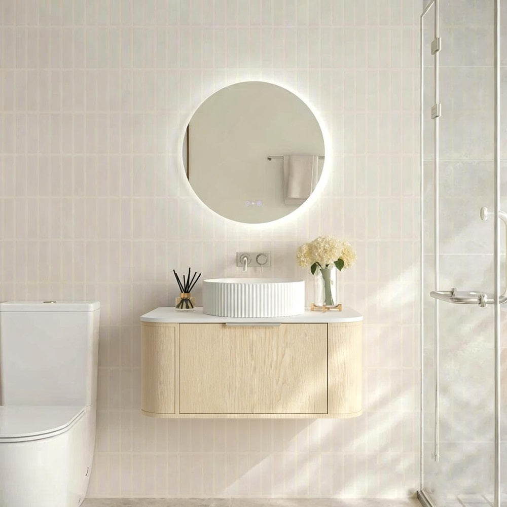 Upgrade your bathroom with the Elva 890mm Wall Hung Vanity. Natural Oak finish, rounded edges and premium top options available.-Vanity-Brushed Nickel Silver-Cabinet Only-Ezymall AU