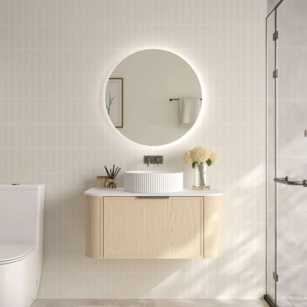 Upgrade your bathroom with the Elva 890mm Wall Hung Vanity. Natural Oak finish, rounded edges and premium top options available.-Vanity-Gunmetal Gray-Cabinet Only-Ezymall AU