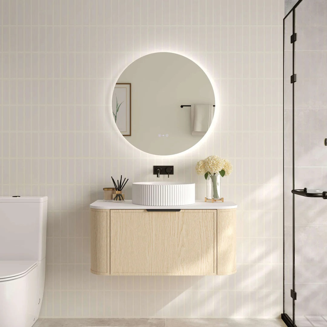 Upgrade your bathroom with the Elva 890mm Wall Hung Vanity. Natural Oak finish, rounded edges and premium top options available.-Vanity-Matte Black-Cabinet Only-Ezymall AU