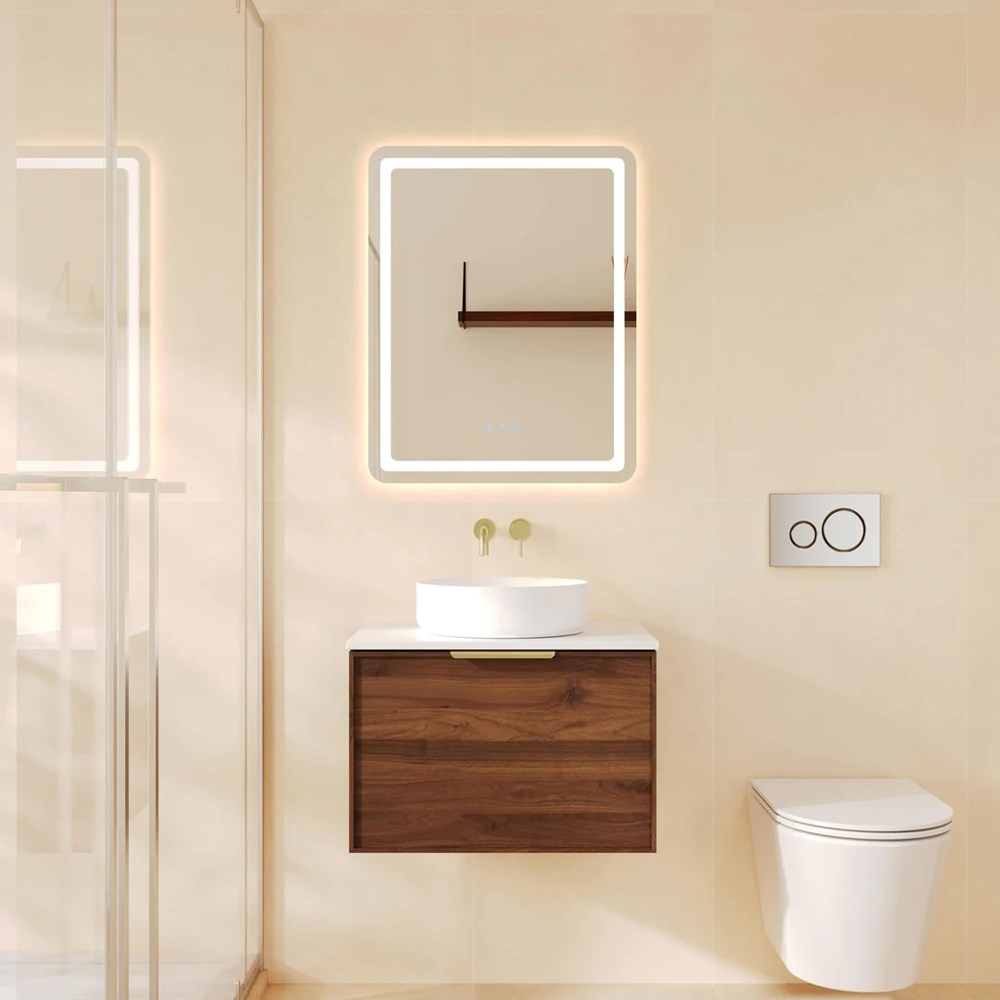 Upgrade your bathroom with the Paris 590mm Wall Hung Vanity. Walnut Woodmatt finish, brushed gold handle and premium top options available.-Vanity-Brushed Brass Gold-Cabinet Only-Ezymall AU
