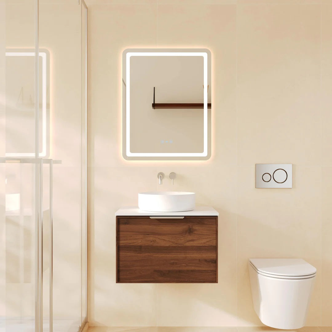 Upgrade your bathroom with the Paris 590mm Wall Hung Vanity. Walnut Woodmatt finish, brushed gold handle and premium top options available.-Vanity-Brushed Nickel Silver-Cabinet Only-Ezymall AU