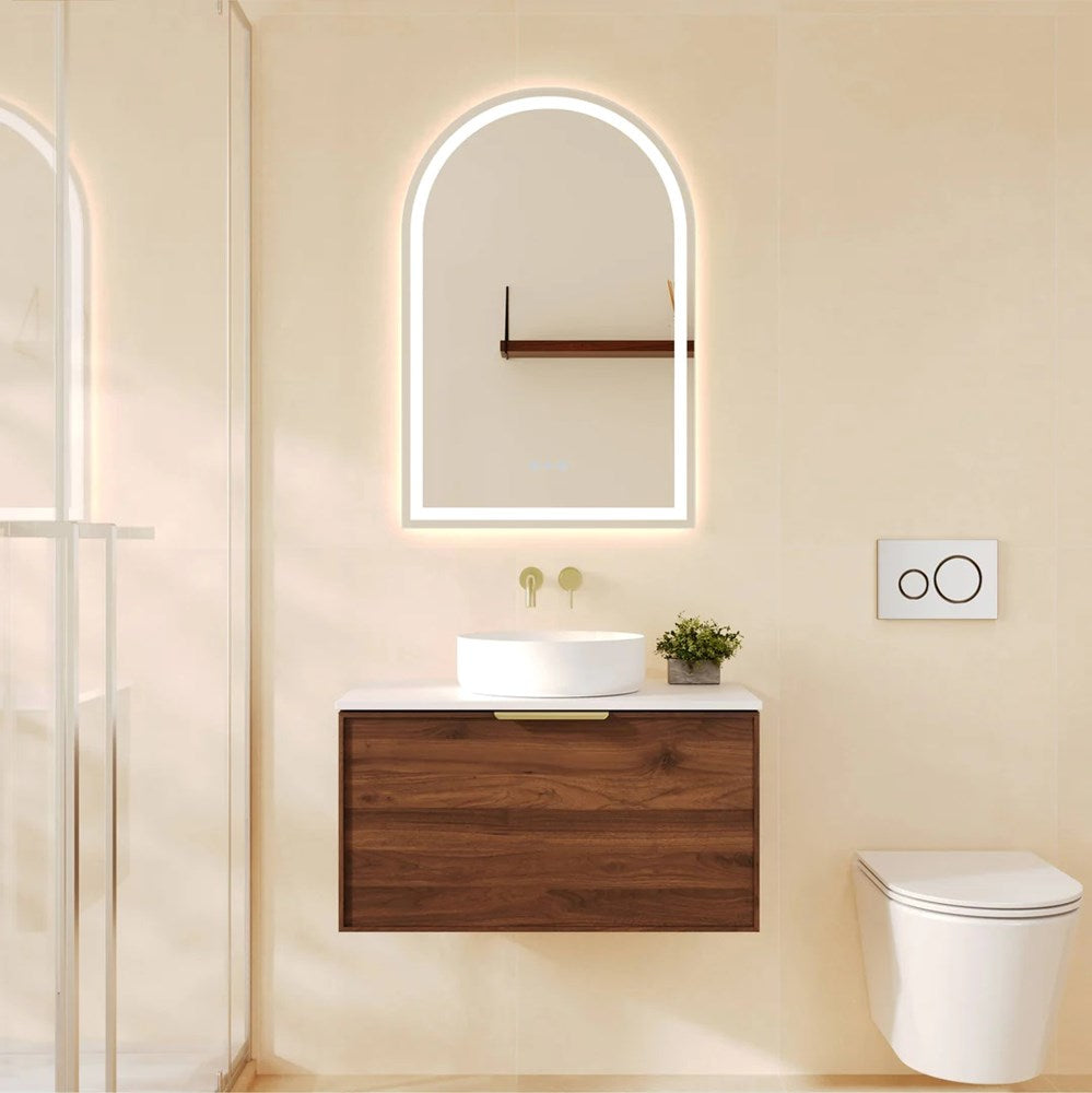 Upgrade your bathroom with the Paris 740mm Wall Hung Vanity. Walnut Woodmatt finish, premium handle options and customisable top selections.-Vanity-Brushed Brass Gold-Cabinet Only-Ezymall AU