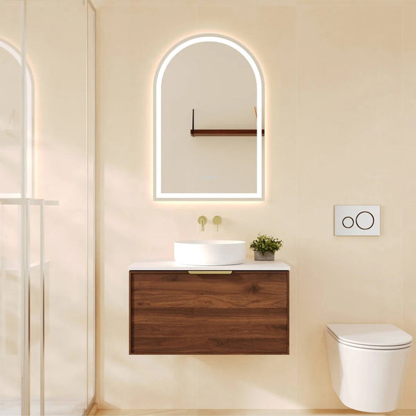 Upgrade your bathroom with the Paris 740mm Wall Hung Vanity. Walnut Woodmatt finish, premium handle options and customisable top selections.-Vanity-Brushed Brass Gold-Cabinet Only-Ezymall AU