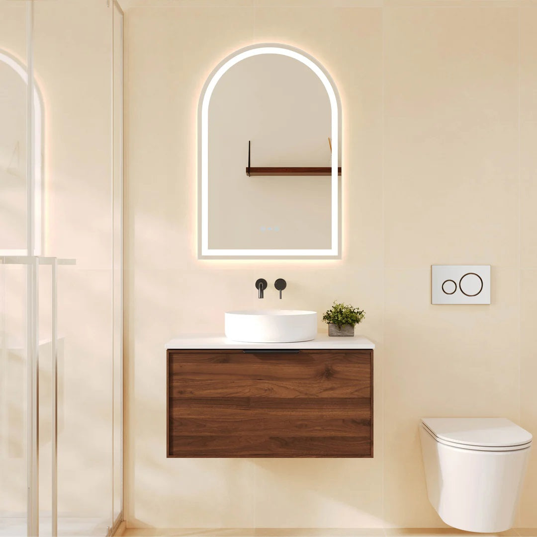 Upgrade your bathroom with the Paris 740mm Wall Hung Vanity. Walnut Woodmatt finish, premium handle options and customisable top selections.-Vanity-Matte Black-Cabinet Only-Ezymall AU