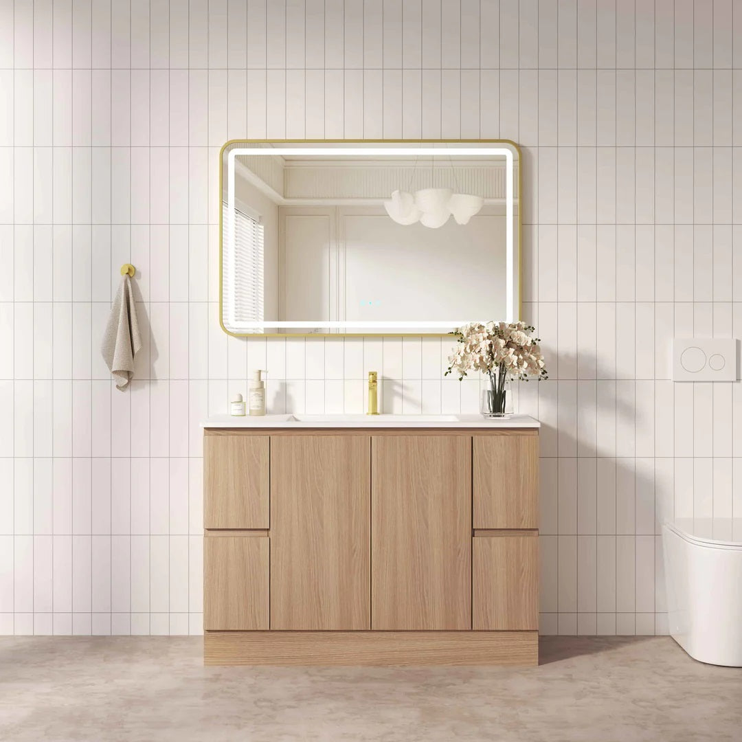 Upgrade your bathroom with the RITA 1175mm Freestanding Vanity. Elegant Oak finish, 2 doors, 4 drawers and premium top options available.-Vanity-Cabinet Only-Kickboard-Ezymall AU