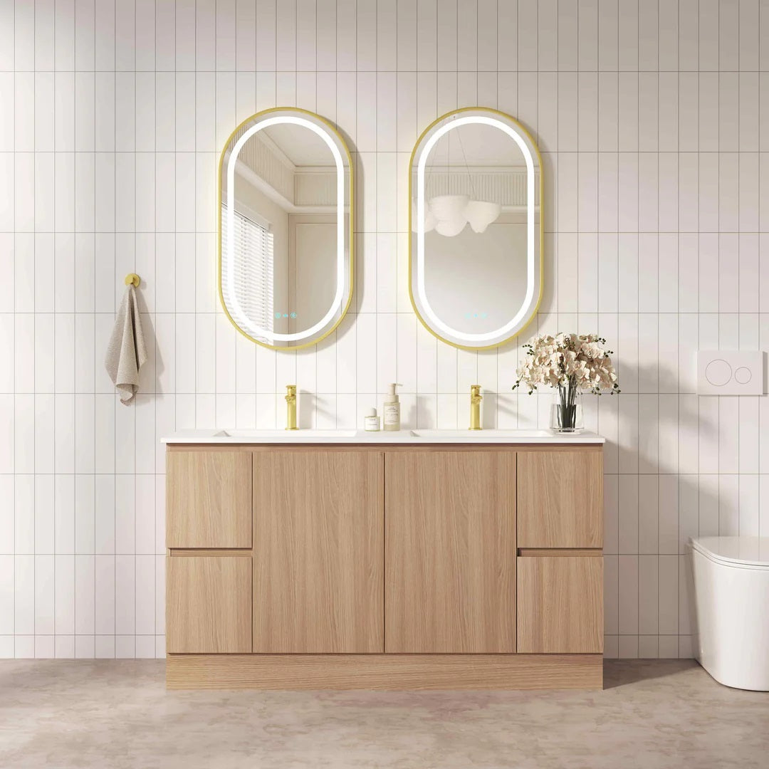 Upgrade your bathroom with the RITA 1480mm Freestanding Vanity. Elegant Oak finish, 2 doors, 4 drawers and premium top options available.-Vanity-Cabinet Only-Kickboard-Ezymall AU