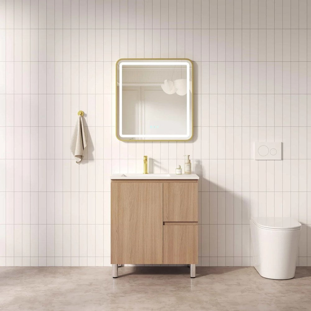 Upgrade your bathroom with the RITA 730mm Freestanding Vanity. Elegant Oak finish, 2 drawers, 1 door and premium top options available.-Vanity-Right Hand Drawers-Cabinet Only-Legs-Ezymall AU