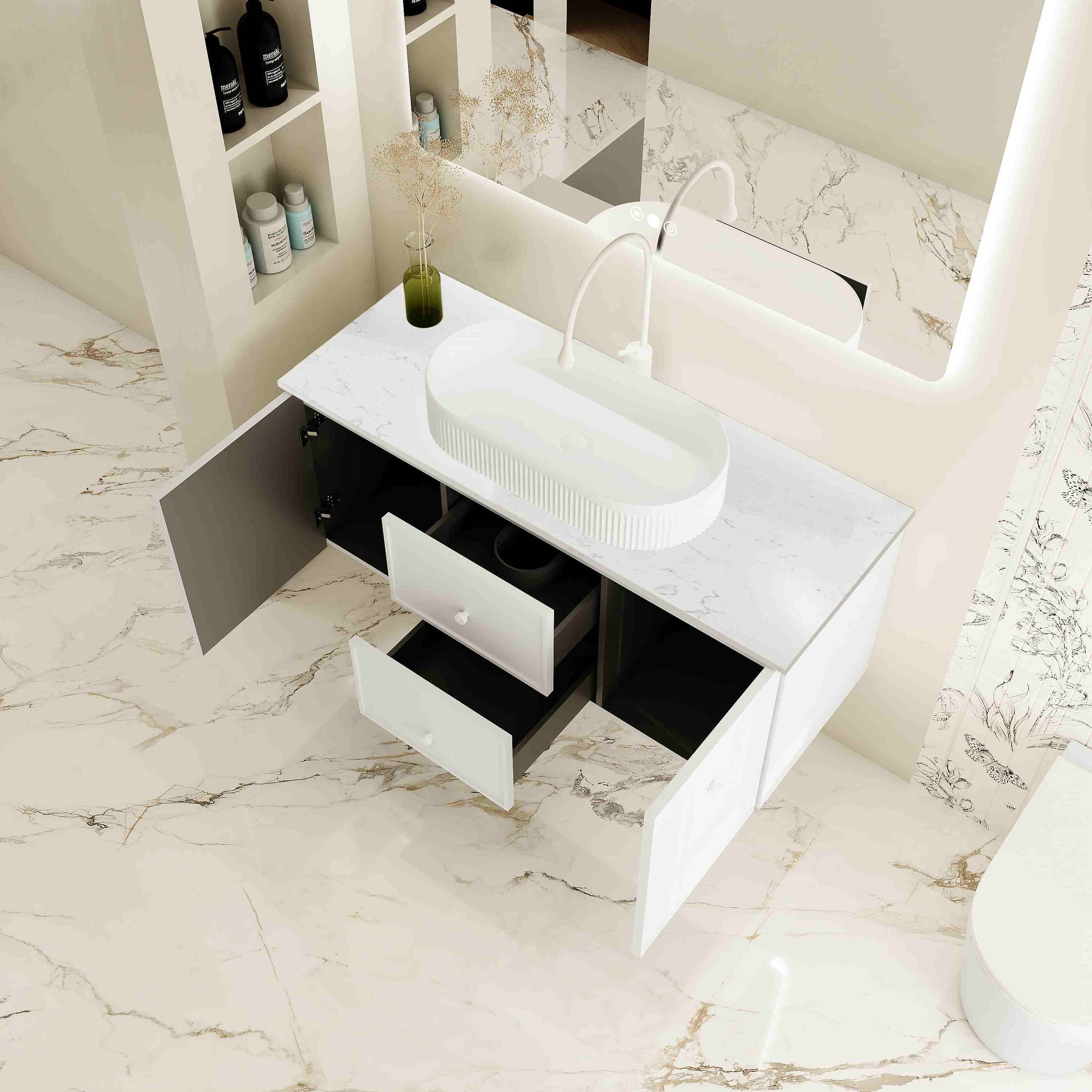 Upgrade your bathroom with the Seattle 1200mm Wall Hung Vanity. Single or double bowl options, generous storage and premium top selections.-Vanity-Carrara White Stone Top-Ezymall AU