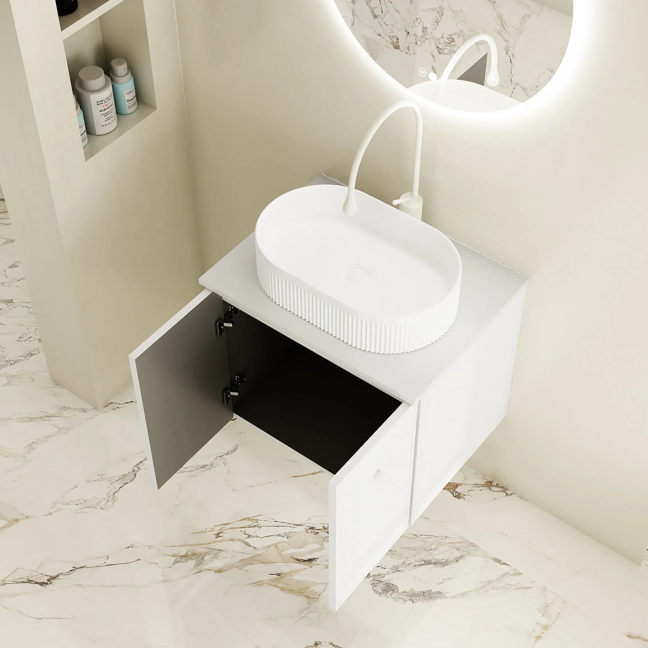 Upgrade your bathroom with the Seattle 600mm Wall Hung Vanity. Matt White finish, two-door storage and premium top options available.-Vanity-Luna White Stone Top-Ezymall AU