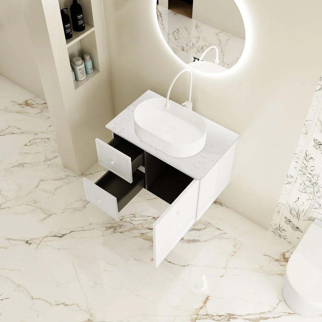 Upgrade your bathroom with the Seattle 750mm Wall Hung Vanity. Matt White finish, soft-close drawers and premium top options available.-Vanity-Carrara White Stone Top-Ezymall AU