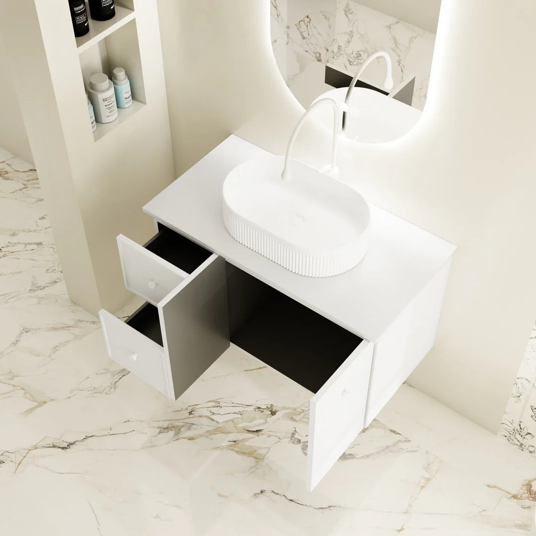 Upgrade your bathroom with the Seattle 900mm Wall Hung Vanity. Matt White finish, 2 doors, 2 drawers and premium top options available.-Vanity-Luna White Stone Top-Ezymall AU