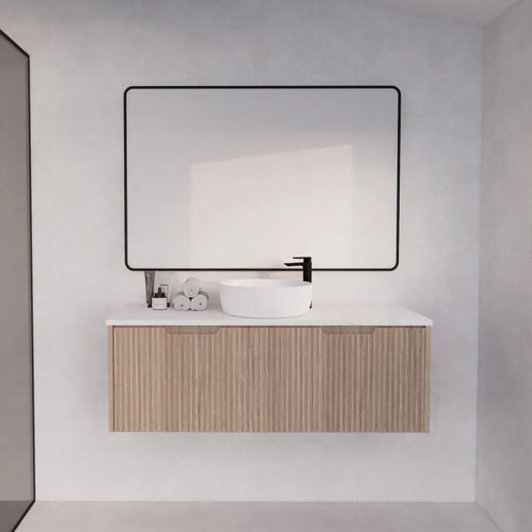 1500mm fluted wall hung vanity in American oak. Spacious single bowl design with multiple top options. Modern, functional and stylish.-Vanity-Cabinet Only-Ezymall AU