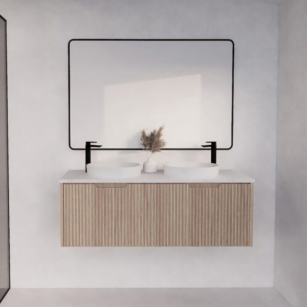 1500mm fluted wall hung vanity in American oak. Spacious double bowl design with multiple top options. Modern, functional and stylish.-Vanity-Cabinet Only-Ezymall AU
